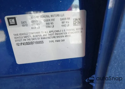 2013 Chevrolet Cruze Ls Auto из США, поврежденный, VIN 1G1PA5SG6D7166855